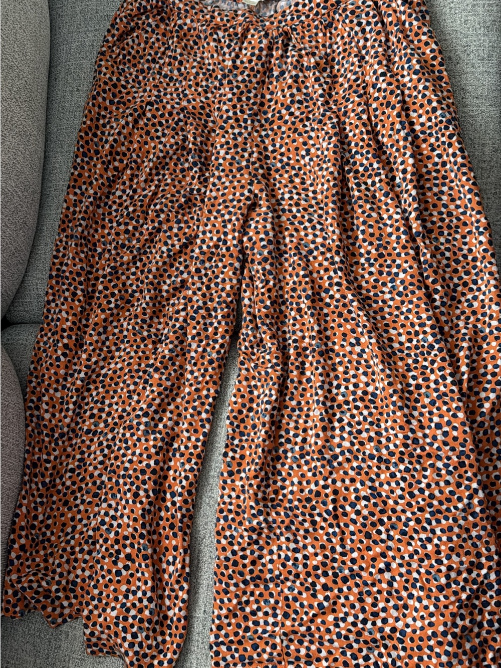 Anthropologie Wide-Leg Pants in Rust Orange with Black and Cream Dot Print
